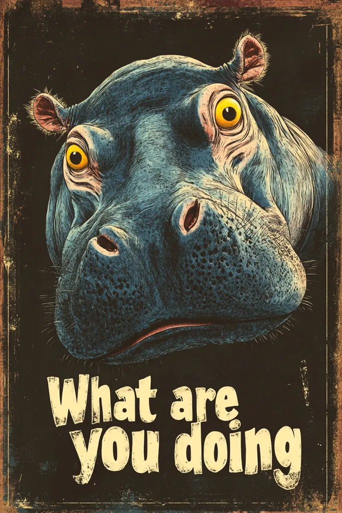 Here's a description of the image:

The image is a stylized vintage-style poster featuring a close-up of a hippopotamus's face. The hippo is depicted with a curious expression, its large eyes wide and its mouth slightly open. The artwork has a textured, almost hand-drawn look, with shading and line work creating a sense of depth and realism. The background is dark, providing a contrast to the hippo's lighter-toned skin. Below the hippo, the words "What are you doing?" are prominently displayed in a distressed, retro font, adding a playful and inquisitive tone to the piece. The overall style is reminiscent of old advertising posters or vintage wildlife illustrations.