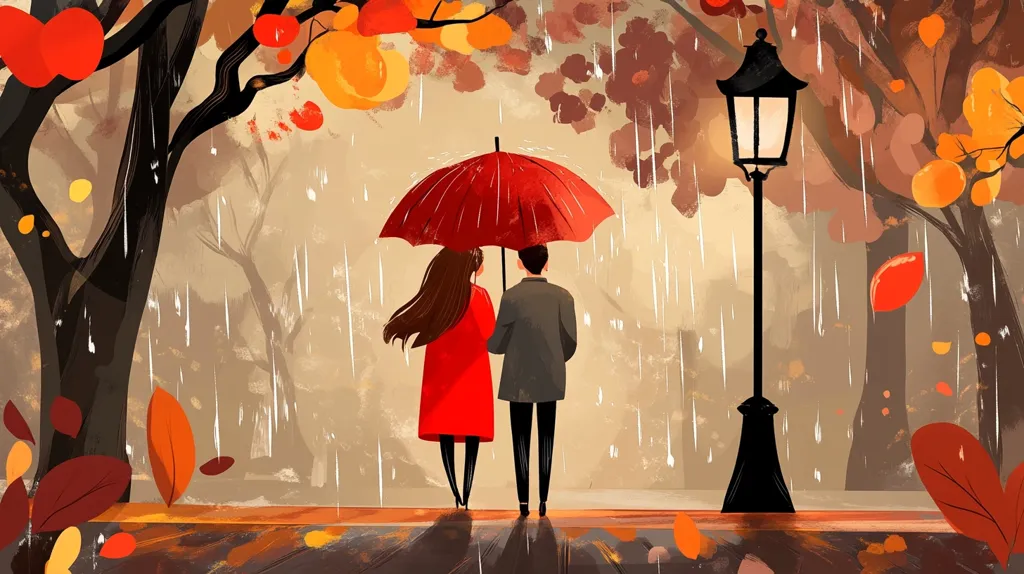 A stylized illustration depicts a couple sharing a red umbrella in an autumnal rain.  They walk away from the viewer, their backs turned, dressed in red and gray coats.  Falling leaves swirl around them, adding to the romantic ambiance.  A lit streetlamp stands nearby, casting a soft glow on the wet pavement. The overall mood is calm, peaceful, and evocative of a cozy autumn day.