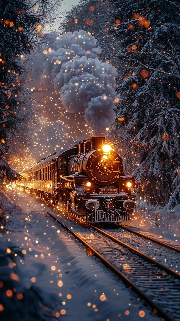 A vintage steam train chugs through a snow-covered forest at twilight.  Its plume of smoke is illuminated by warm, glowing particles, creating a magical, almost ethereal atmosphere.  The train, adorned with snow, moves along twin tracks, leaving a trail of sparkling light in its wake. The scene is picturesque and evokes a sense of winter wonder and nostalgic charm.  The snowy trees form a dark, framing backdrop to the brightly lit train.