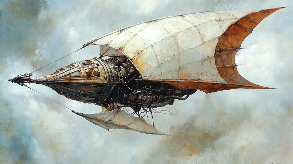 The artwork depicts a steampunk-style airship soaring through a cloudy sky.  Its elongated, pointed hull is crafted from weathered metal, revealing intricate gears and exposed mechanics.  Large, sail-like wings, patched and worn, extend from the central body, suggesting both aerodynamics and a sense of age.  The overall impression is one of vintage technology, adventure, and a fantastical world. The muted color palette emphasizes the aged, almost ethereal quality of the flying machine.