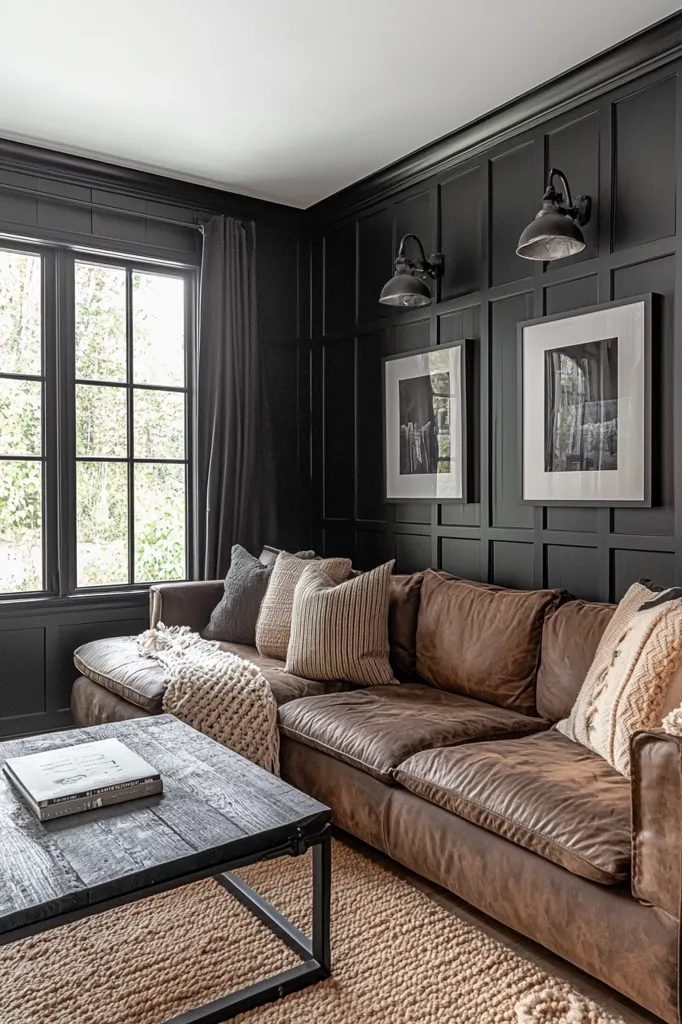 Here's a description of the image:

A luxurious living room boasts a dark, moody aesthetic.  Rich brown leather sectional sofa dominates the space, adorned with textured throw pillows and a chunky knit blanket.  A dark wood coffee table sits before it, holding a single book. The walls are paneled in deep black, accented by industrial-style wall sconces and framed black and white artwork. Large dark curtains frame a window offering a view of greenery. A neutral-toned jute rug grounds the space, adding warmth against the dark palette. The overall feel is sophisticated and masculine.
