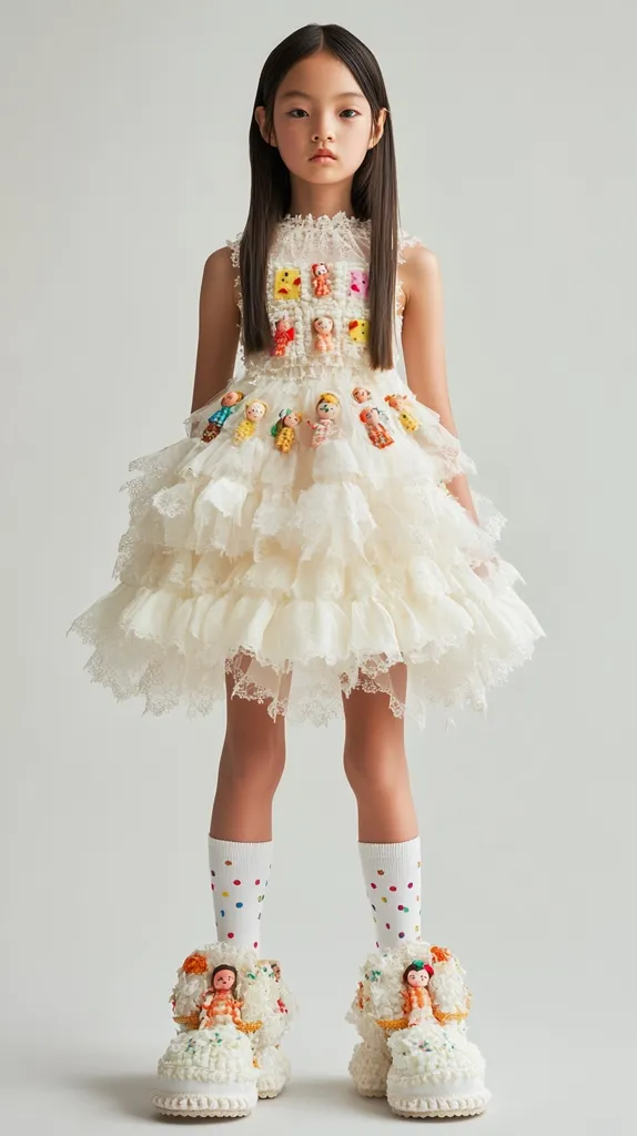 A young girl with long dark hair models a whimsical, layered ivory dress adorned with small, colorful doll-like figures.  The dress features ruffled layers and delicate lace trim.  She wears colorful polka-dotted socks and unique, doll-embellished white shoes, continuing the dress's playful theme. The overall aesthetic is charming and slightly surreal.