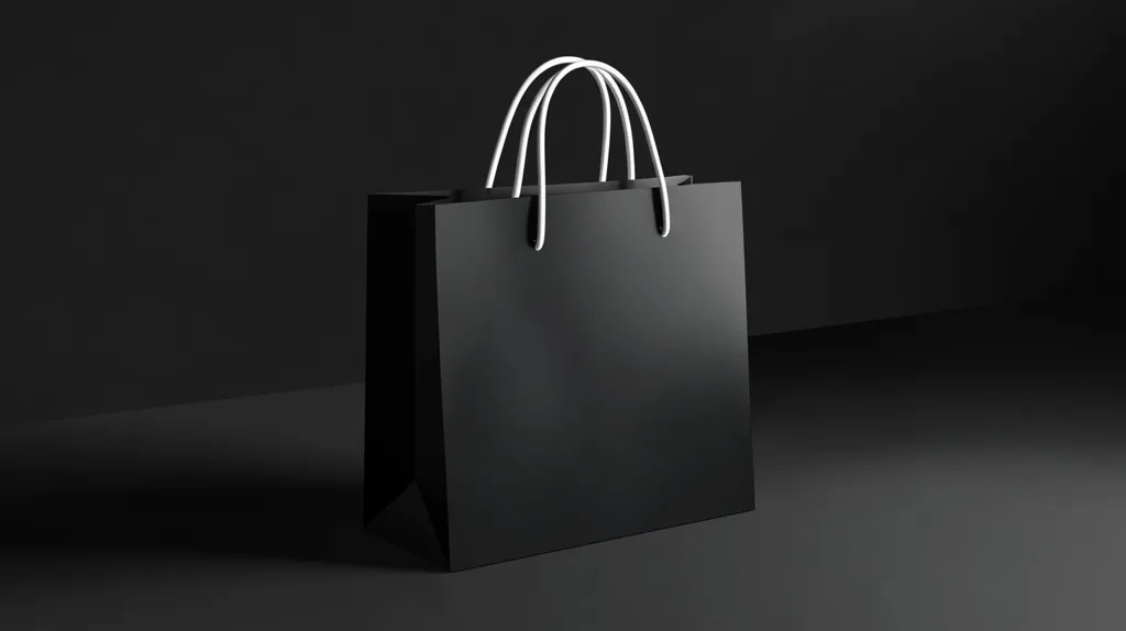 A sleek, black shopping bag with white handles sits on a dark gray surface.  The bag is positioned slightly off-center, creating a minimalist and stylish image against the dark, moody background. The lighting accentuates the bag's smooth texture and simple design, creating a sense of elegance and sophistication.  The overall aesthetic is clean and modern.