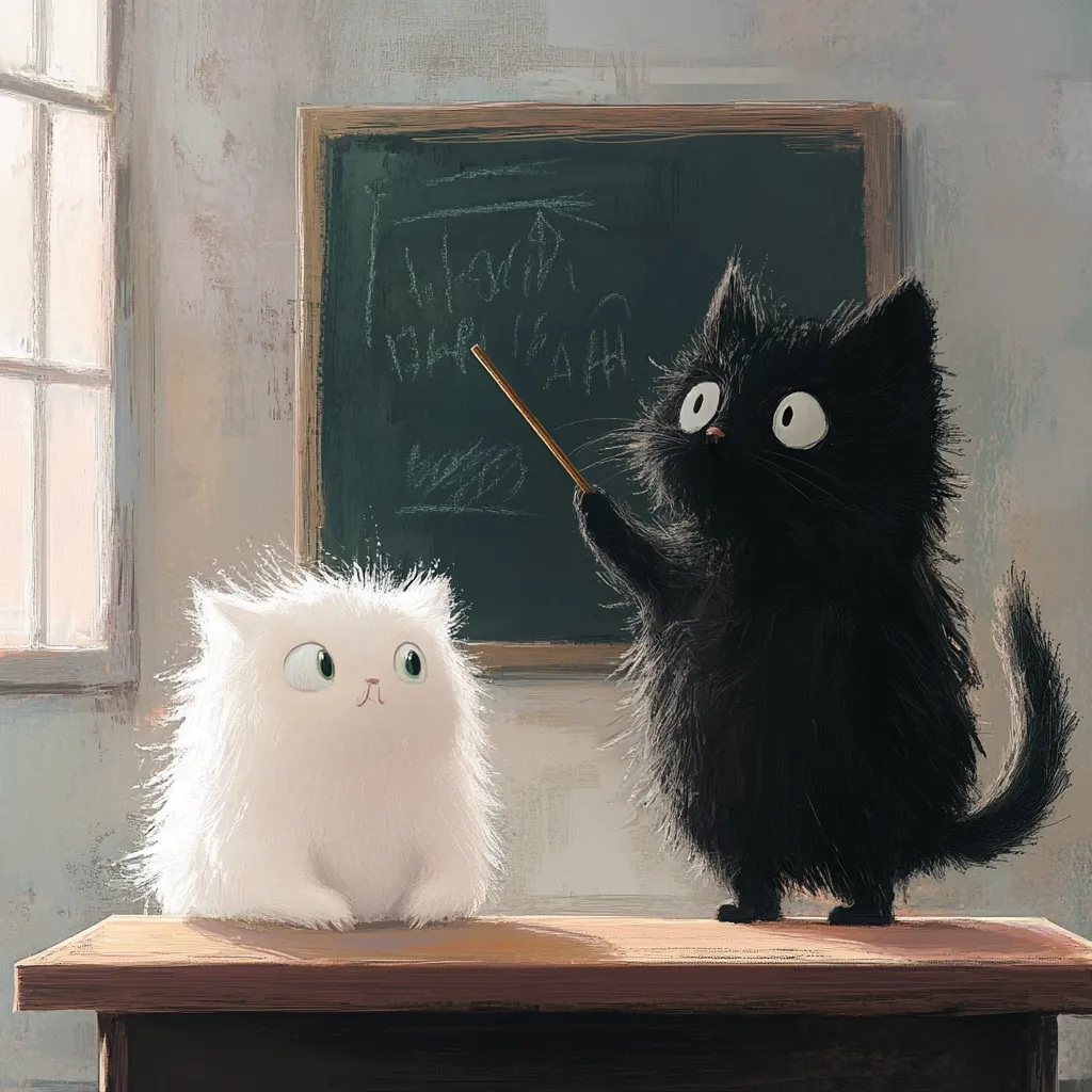 A whimsical illustration depicts a black cat teacher standing at a small wooden desk, pointing with a stick at a chalkboard filled with childlike scrawls.  A fluffy white kitten sits attentively at the desk, seemingly a student. The classroom is simple, with a window and aged walls. The style is painterly and slightly fuzzy, giving a soft, charming quality to the scene. The overall mood is lighthearted and playful.