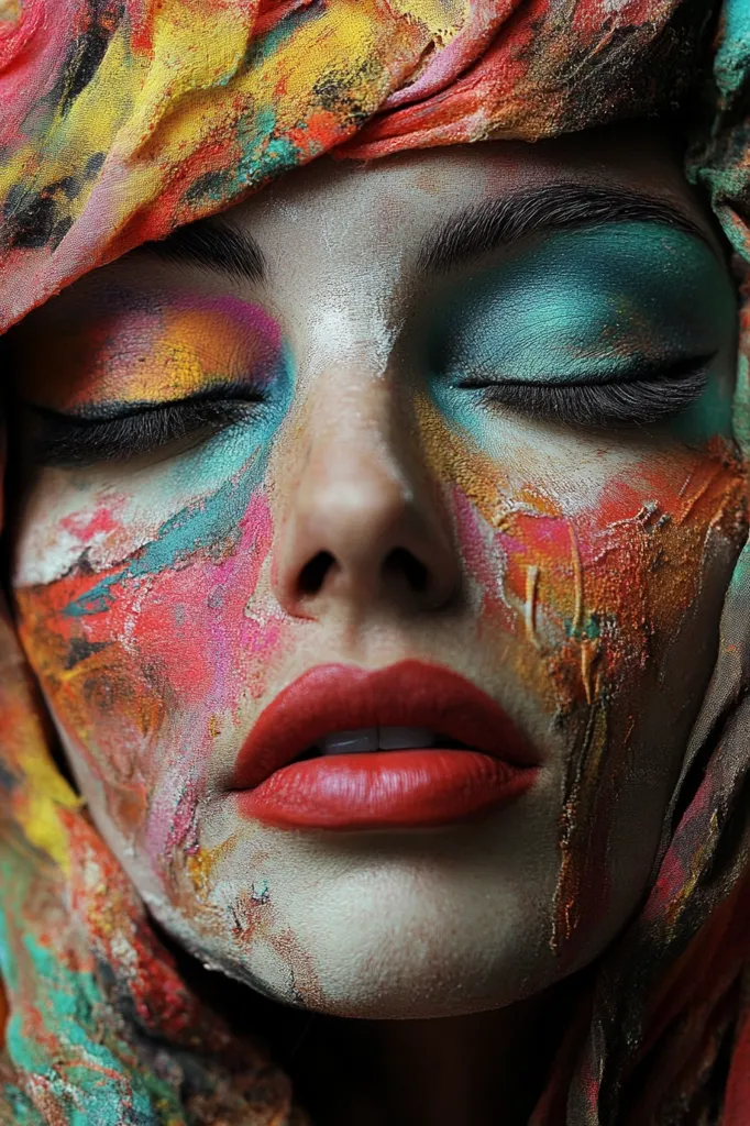 Close-up of a woman's face adorned with vibrant, textured makeup resembling an abstract painting.  Her eyes are closed, enhancing the artistic effect.  She wears a colorful, textured head covering that complements the paint palette on her face.  The overall impression is one of artistic expression and beauty, a striking blend of cosmetics and visual art.