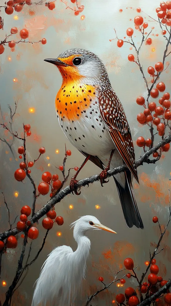 A vibrant painting depicts a speckled, orange-breasted bird perched on a branch laden with red berries.  Its plumage is intricately detailed, showcasing a mix of white, orange, and brown. Below, a pristine white egret stands, its elegant form contrasting with the brighter bird. The background is a soft, muted palette with subtle hints of light, creating a magical, almost ethereal ambiance. The overall style suggests a blend of realism and fantasy.