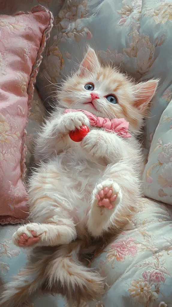Here's a description of the image:

The image is a close-up painting of a fluffy, long-haired kitten lying on its back amidst pastel-colored pillows.  The kitten, predominantly white with light orange/cream markings, has striking blue eyes. It's playfully holding a small, red ball. The kitten wears a delicate pink ruffled collar. The background features a floral patterned fabric, enhancing the soft, dreamy aesthetic. The overall style is reminiscent of a vintage children's book illustration.
