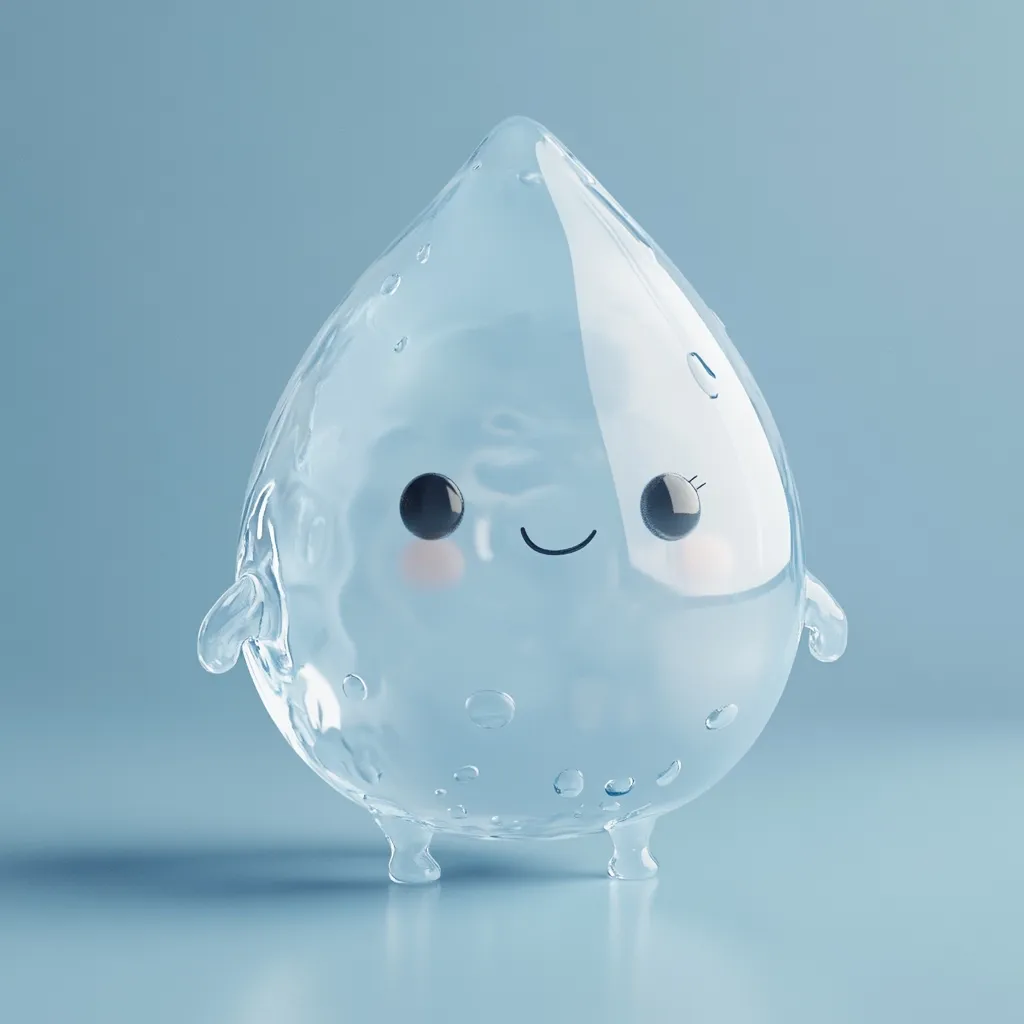 Here's a description of the image:

The image shows a cute, cartoonish rendering of a water droplet.  The droplet is translucent, revealing tiny air bubbles within.  It has small, stubby arms and legs, and a simple, cheerful face with large, dark eyes and a small smile.  The droplet is positioned against a soft, light blue background, which enhances its clarity and ethereal quality. The overall style is minimalistic and evokes feelings of purity and serenity.