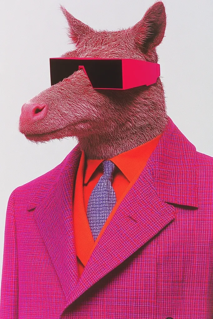 Here's a description of the image:

The image shows a stylized portrait of a pink, furry creature, possibly a fox or similar animal, dressed in a vibrant pink suit.  The suit features a red vest and a purple patterned tie. The creature also sports large, angular pink sunglasses, adding to its striking, almost surreal appearance. The background is a simple, light gray, drawing all attention to the sharply dressed animal. The overall aesthetic is bold and playful, a blend of animal portraiture and fashion photography.