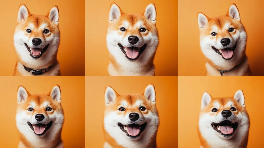 Here's a description of the image:

The image shows six photographs arranged in a grid of two rows and three columns.  Each photo features a Shiba Inu dog against a vibrant orange background.  The dogs are all similarly posed, facing the camera with happy, open-mouthed expressions.  They have fluffy, reddish-brown fur with distinctive white markings on their chest and muzzle.  All the dogs wear simple black collars.  The consistent background and poses create a visually appealing and repetitive pattern.