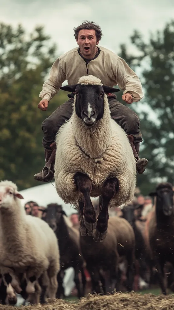 A man with a surprised expression rides a sheep that's mid-leap, its fleece a creamy white against its dark legs. He's dressed in a rustic, light-colored tunic and dark trousers.  The background is blurred, showing a flock of sheep in motion, suggesting a rural setting possibly during a sheep-related event or competition. The overall image is dynamic and evokes a sense of excitement and perhaps a bit of the unexpected.