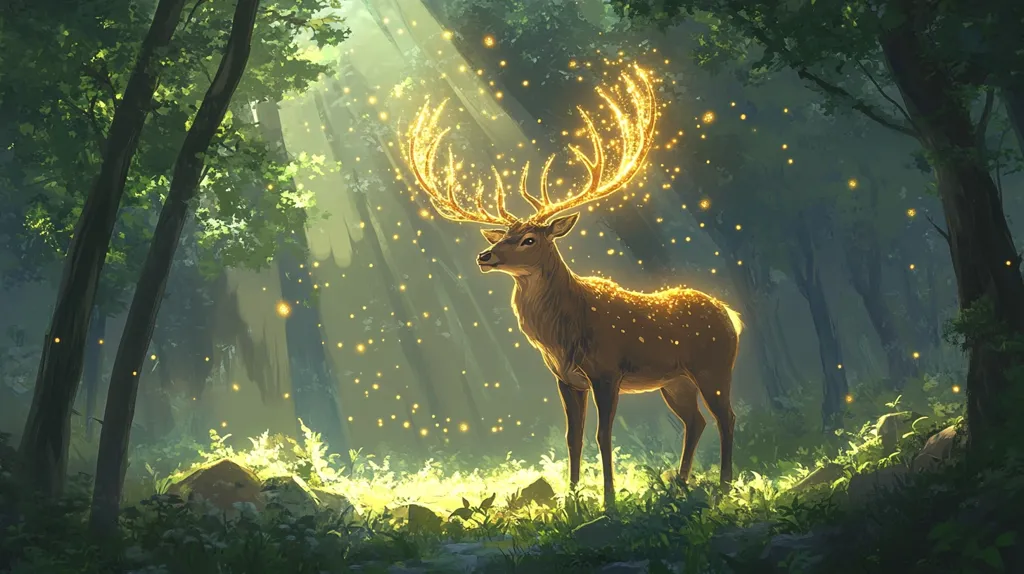 A majestic deer, its antlers adorned with golden, sparkling lights, stands in a mystical forest.  Sunlight filters through the dense canopy, illuminating the deer and creating a magical atmosphere.  Tiny, glowing particles, like fireflies, dance in the air around it. The scene evokes a sense of wonder and enchantment, suggesting a realm of fantasy or folklore.  The deer appears serene and powerful, a symbol of nature's magic.