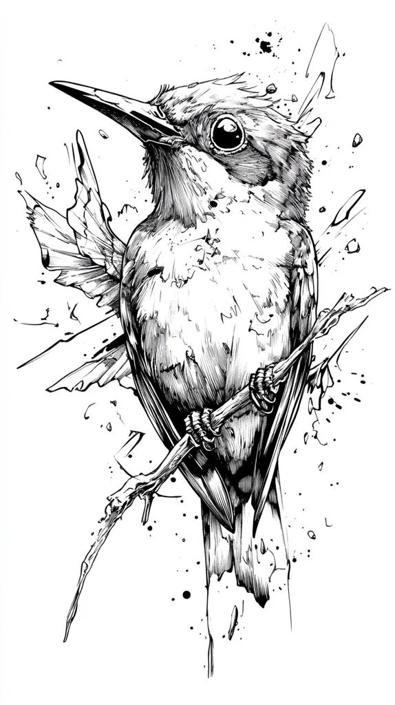 A detailed black and white ink drawing depicts a bird perched on a weathered branch. The bird, possibly a kingfisher, is rendered with meticulous detail, showcasing its feathers and expressive eyes. The style is expressive and slightly abstract; ink splatters and fragmented lines surround the bird, adding a sense of dynamism and movement. The contrast between the sharp lines of the bird and the loose splatters creates a visually striking image. The overall impression is one of both delicate beauty and raw energy.