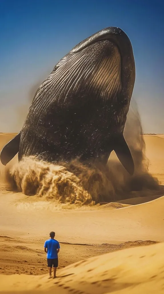 Here's a description of the image:

The image depicts a surreal scene of a colossal whale emerging from the sand dunes of a desert.  The whale, dark and massive, is partially buried, with sand billowing around it as it rises. A lone figure, a man in a blue shirt and dark shorts, stands in the foreground, dwarfed by the scale of the whale and the vastness of the desert landscape. The sky is a clear, deep blue. The overall effect is one of awe and unexpected juxtaposition, hinting at a fantastical or dreamlike setting.