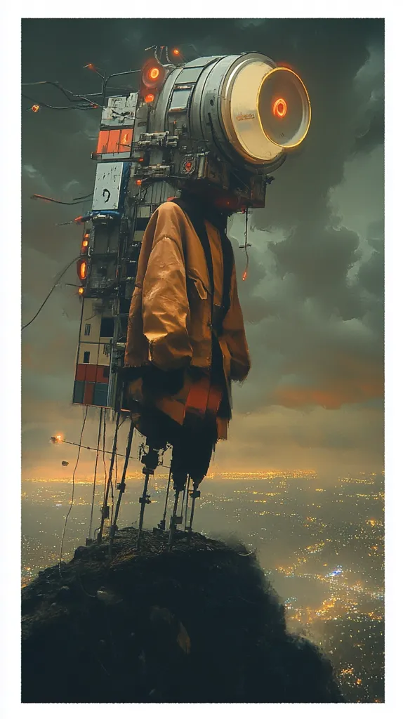 The artwork depicts a futuristic figure, seemingly a human wearing a bulky, mechanical apparatus resembling a backpack or exoskeleton.  The device features a large cylindrical component with an illuminated orange eye-like feature.  The figure stands on a rocky outcrop overlooking a sprawling, illuminated cityscape at dusk or dawn, creating a dramatic contrast between the mechanical element and the natural setting. The overall aesthetic suggests a blend of science fiction and dystopian themes.