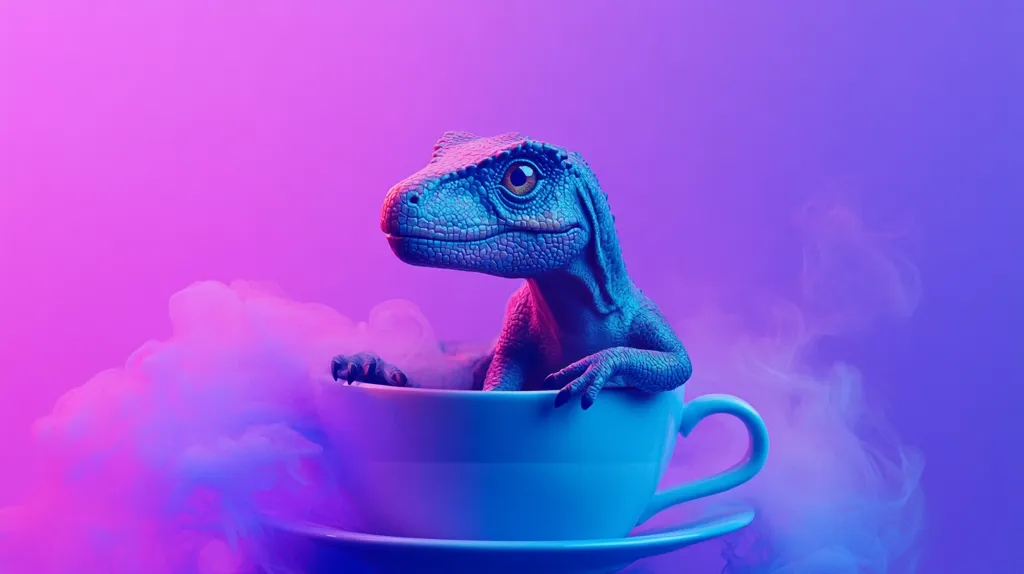 A vibrant image showcases a small, blue dinosaur nestled inside a light blue teacup.  The dinosaur, seemingly a velociraptor, is bathed in neon purple and blue light, creating a surreal atmosphere.  Surrounding the teacup and dinosaur is a soft, ethereal purple and blue smoke, enhancing the whimsical and otherworldly mood.  The overall composition is striking and playful.