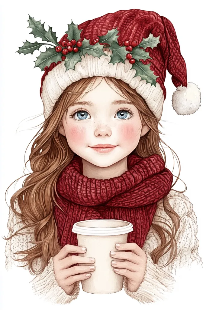 Here's a description of the image:

A charming watercolor illustration depicts a young girl with long, flowing brown hair. She's dressed in a cozy cream-colored sweater and a matching red knitted scarf wrapped around her neck.  A red knitted Christmas hat, adorned with holly and berries, sits atop her head.  Her rosy cheeks and bright blue eyes add to her sweet, innocent expression.  She holds a white disposable coffee cup in her hands, suggesting a warm, festive winter scene. The overall style is delicate and reminiscent of children's book illustrations.
