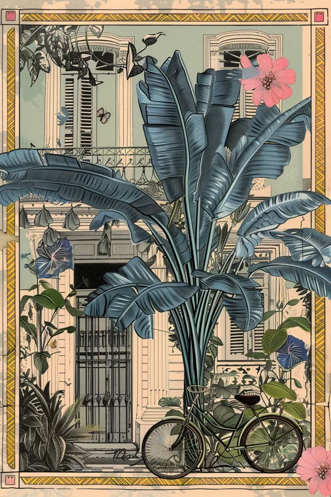 Here's a description of the image:

The artwork is a vibrant collage depicting a serene tropical scene. A bicycle rests in front of a colonial-style building, partially obscured by a large, stylized banana plant with deep blue-green leaves. The building's architecture is detailed, with visible windows and a wrought-iron gate. Surrounding the banana plant and building are smaller, lush green plants and vibrant pink and blue flowers, creating a sense of depth and visual richness.  The overall style is reminiscent of botanical illustration with a touch of surrealism, framed by a textured, yellow border.