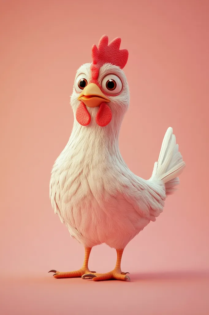 Here's a description of the image:

The image shows a charming, cartoon-style rendering of a white hen standing against a pale pink background.  Its fluffy plumage is detailed, and it has large, expressive eyes. The hen's comb and wattles are a vibrant coral-pink, contrasting nicely with its white feathers.  Its stance is upright and slightly curious, conveying a friendly demeanor.  The overall style is playful and inviting, suitable for children's media or branding.