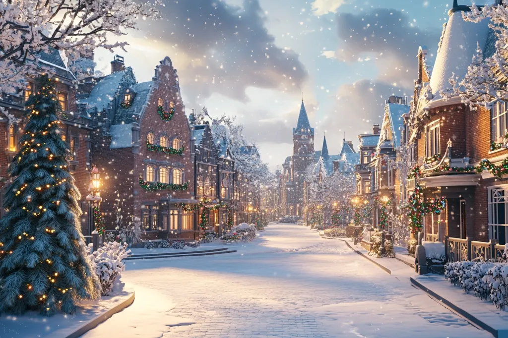 A picturesque snow-covered street scene unfolds, showcasing charming brick buildings adorned with festive Christmas decorations.  Snow softly falls, creating a magical ambiance.  Ornate street lamps illuminate the path, casting a warm glow on the snowy cobblestones.  A large, brightly lit Christmas tree stands prominently near the foreground, adding to the holiday spirit.  The overall impression is one of idyllic winter charm and festive cheer.