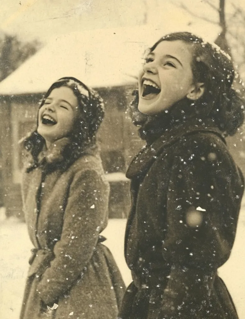 Here's a description of the image:

A sepia-toned photograph captures two young girls, joyfully laughing amidst a snowy scene.  They are dressed in warm winter coats, their faces alight with mirth as snowflakes gently fall around them. The older girl's laughter is open and unrestrained, while the younger mirrors her excitement. The background hints at a simple, possibly rural setting, with a house partially visible in the soft-focus background.  The overall impression is one of childlike wonder and innocent happiness in a winter wonderland. The image has a slightly aged, nostalgic quality.
