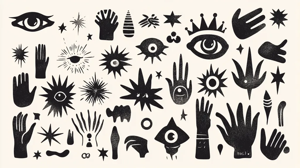 This image showcases a collection of black and white, hand-drawn illustrations.  The style is reminiscent of linocut prints, with a textured, slightly rough appearance. The motifs are primarily symbolic: various hand shapes, eyes, stars, and abstract forms. The overall aesthetic is mystical and slightly occult, suggesting a connection to esoteric or spiritual themes. The designs are densely arranged, creating a rich, visually engaging pattern.