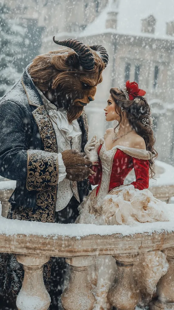 A breathtaking portrayal of Beauty and the Beast in a snowy setting.  The Beast, in his ornate coat, stands close to Belle, who is dressed in a stunning red and white gown.  Snow gently falls around them as they share a tender moment on a stone balustrade.  The background features a snow-covered castle, enhancing the fairytale atmosphere.  The image is richly detailed and evokes a sense of romance and magic.