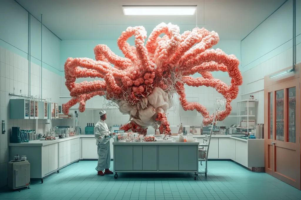 A surreal image depicts a sterile, teal-colored laboratory.  Dominating the scene is a large, bioluminescent organism resembling a coral or brain, with numerous tentacle-like appendages.  It hangs centrally, above a lab bench where a scientist in a white protective suit observes it.  The overall atmosphere is eerie and suggests a scientific experiment gone awry, or perhaps the creation of an unusual lifeform. The clean lines of the lab contrast sharply with the organic, chaotic form of the creature.