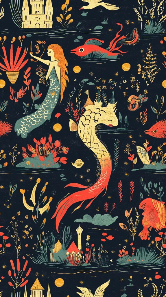 This image is a vibrant, whimsical illustration featuring a repeating pattern of fantastical creatures and elements.  Mermaids with flowing hair and scaled tails swim alongside stylized fish with vibrant orange and gold scales.  Small castles and stylized flora add to the enchanted underwater landscape. The dark background contrasts beautifully with the warm, saturated colors of the creatures and plants, creating a rich and captivating visual tapestry.  The style is reminiscent of folk art or vintage children's book illustrations.