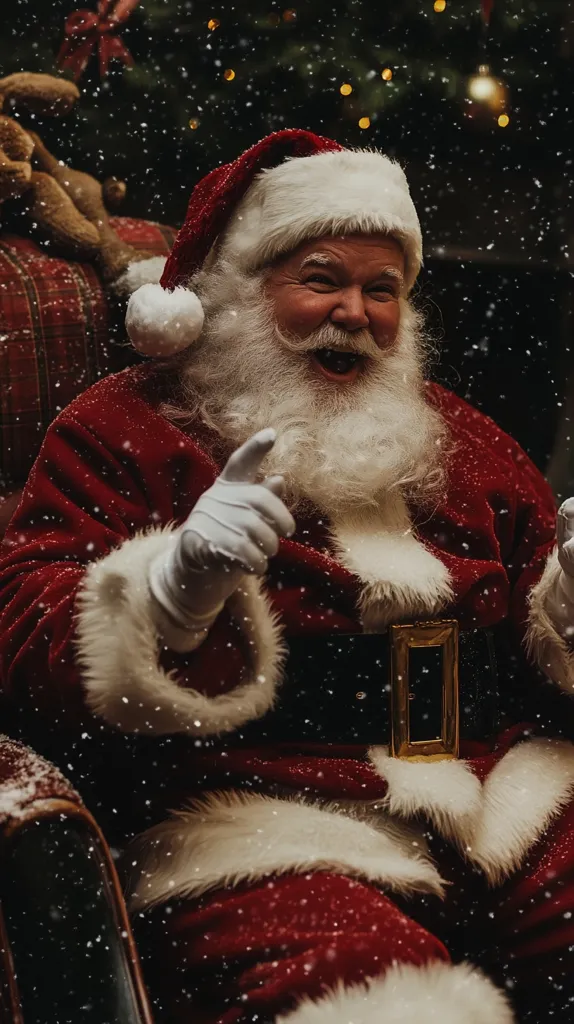 A jovial Santa Claus, seated in a plush chair, beams with laughter.  Snow gently falls around him, dusting his vibrant red suit and long, white beard.  He gestures playfully with both hands, radiating Christmas cheer.  The background is softly blurred, showcasing a Christmas tree and twinkling lights, enhancing the festive atmosphere.  His happy expression perfectly encapsulates the spirit of the holiday season.