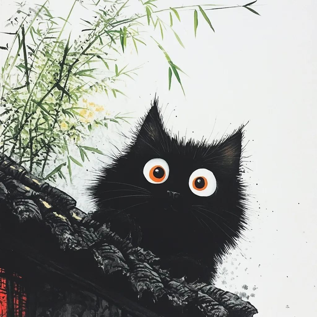 Here's a description of the image:

The artwork depicts a stylized black cat with large, expressive orange eyes, perched on a dark, textured rooftop.  Its fur appears fluffy and somewhat unkempt.  Behind the cat,  a wash of green suggests bamboo leaves, creating a contrast against the white background. The overall style is whimsical and slightly surreal, blending elements of Eastern art with a playful, cartoonish rendering of the feline subject. The cat's gaze is directed slightly upward and to the viewer's right, giving it a curious and slightly mischievous expression.
