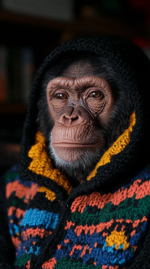 Close-up view of a chimpanzee wearing a colorful, knitted hoodie. The chimp's face is prominently featured, showcasing its expressive eyes and slightly melancholic expression. The hoodie is predominantly dark-colored with patches of bright blues, oranges, and greens. The background is dark and blurry, drawing focus to the chimpanzee.  The overall image is striking due to the contrast between the primate's serious demeanor and the bright, playful clothing.