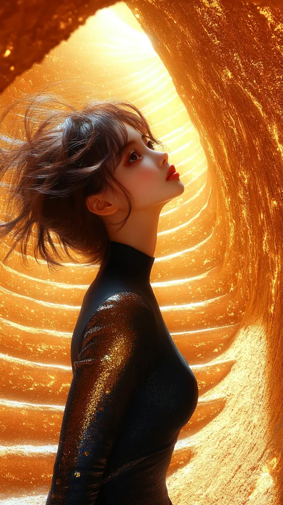 A young woman with windswept brown hair is positioned within a glowing, amber-toned, spiraling tunnel. She wears a dark, glittering, long-sleeved bodysuit. Her head is tilted upward, gazing towards a bright light at the tunnel's end. The overall mood is ethereal and dreamlike, with a strong contrast between the dark clothing and the vibrant, warm surroundings. The image appears to be digitally created or heavily edited.