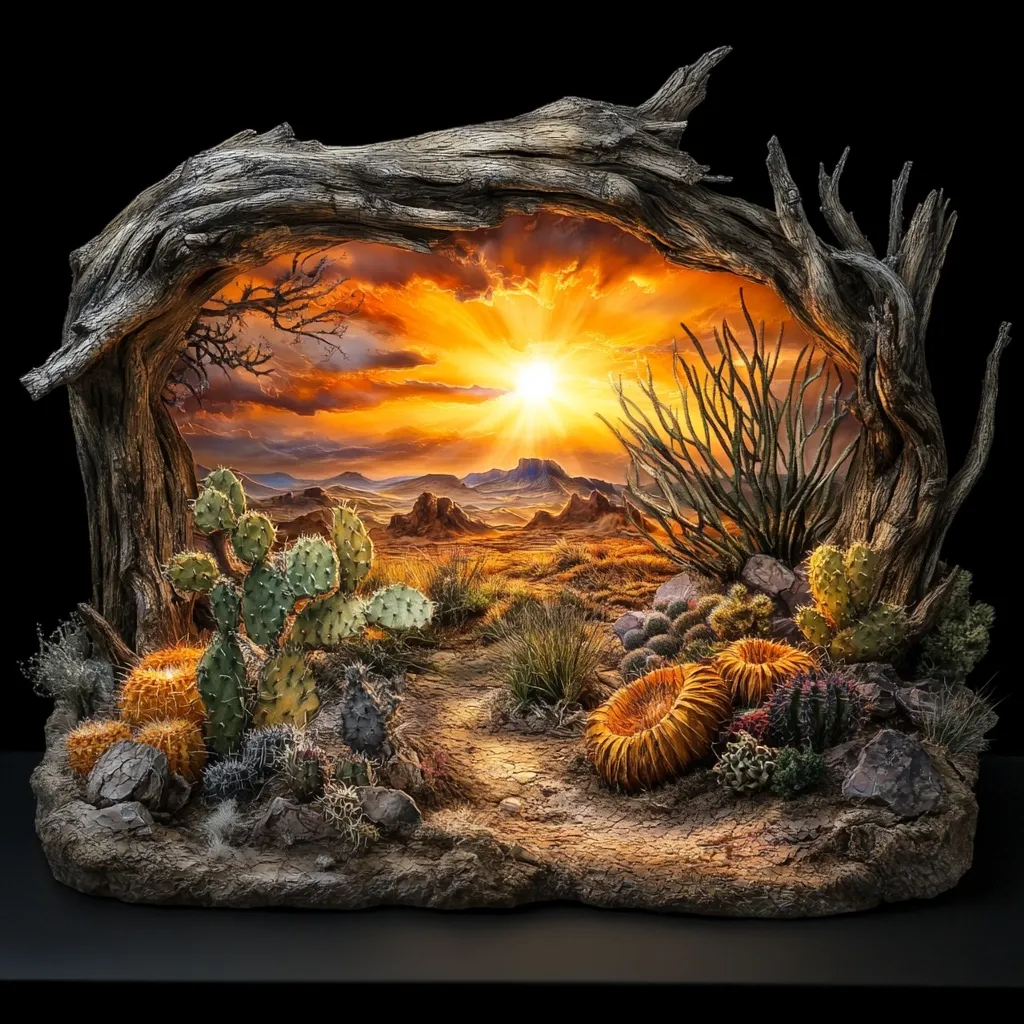 A meticulously crafted diorama showcases a vibrant desert sunset.  A weathered, arched log forms a frame, revealing a miniature landscape bathed in warm, golden light.  Prickly pear cacti, barrel cacti, and other desert flora are arranged on a textured base, leading towards a sun-drenched path disappearing into the distance.  The scene is dramatically lit, emphasizing the rich colors and textures of the desert environment.