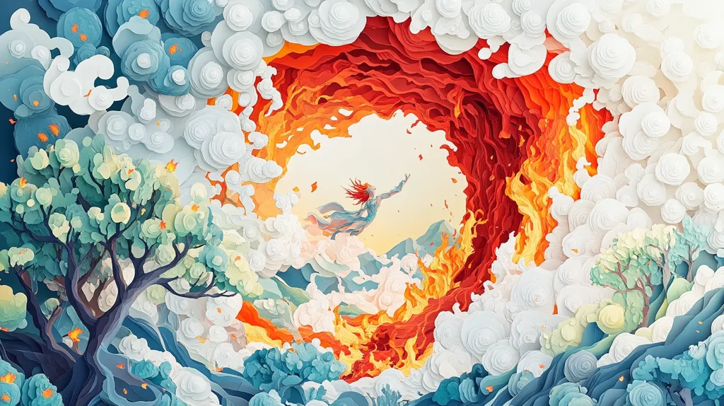 Here is a description of the image:

The artwork is a vibrant, intricate paper-cut design depicting a fantastical scene.  A woman with flowing red hair, dressed in a flowing gown, reaches upwards within a swirling vortex of fiery oranges and reds.  This fiery heart is encircled by sculpted clouds of white and cool blues, creating a sense of movement and energy.  Layered paper creates a three-dimensional effect, with textured trees and foliage in calming teal and mint greens adding depth to the landscape. The overall effect is one of dynamic balance between contrasting elements—fire and ice, chaos and serenity—creating a breathtaking visual spectacle.