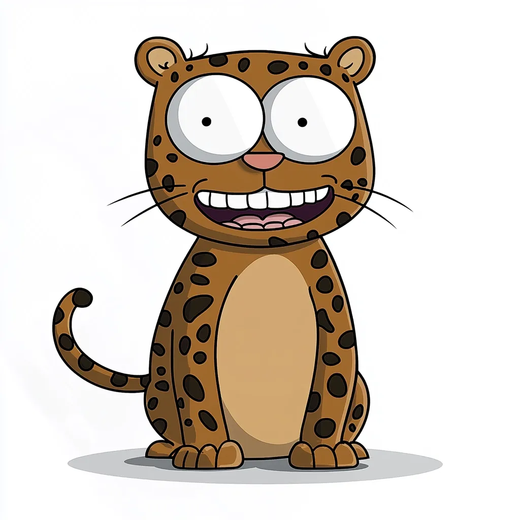 Here's a description of the image:

The illustration shows a cartoon jaguar, sitting and facing the viewer.  Its features are exaggerated for comedic effect: large, round eyes, a wide, toothy grin, and a slightly oversized head. The jaguar's coat is a light brown with dark brown spots.  The style is simple, with clean lines and flat coloring, typical of a children's book or animation.  The background is plain white, drawing focus entirely to the cheerful jaguar.