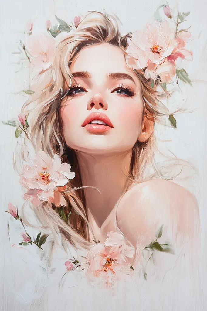 Here's a description of the image:

The painting depicts a fair-skinned woman with long, flowing blonde hair adorned with delicate pink peonies.  Her expression is serene and her gaze is directed slightly upward. The style is realistic yet soft, with a focus on subtle light and shadow creating a luminous quality. The background is a muted off-white, allowing the woman and flowers to be the focal points. The overall impression is one of ethereal beauty and gentle grace. The brushstrokes are visible, contributing to the painting's textured appearance.