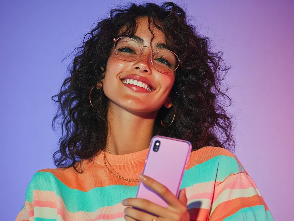 Here's a description of the image:

Close-up view of a young woman with long, curly dark brown hair, wearing round wire-rimmed glasses and a pastel-colored striped sweater. She's holding a light purple smartphone, and her expression is one of cheerful contentment.  She has a warm smile and subtle freckles are visible on her skin. The background is a solid, soft purple, providing a contrast to her outfit and bright expression. The overall aesthetic is bright, youthful, and slightly retro.