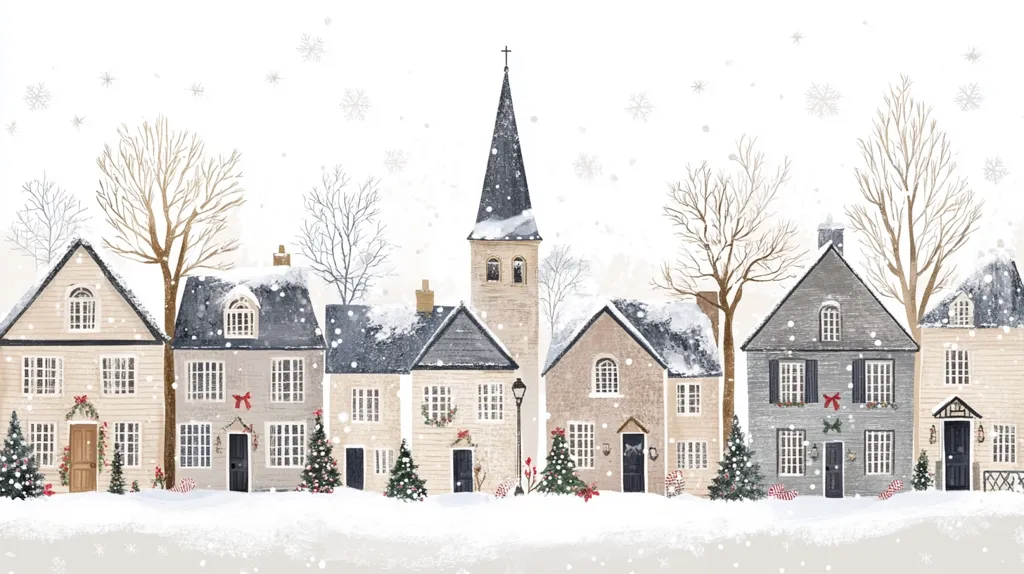 A charming winter village scene unfolds, depicted in a whimsical, illustrative style.  Snow-dusted houses, adorned with festive greenery and red bows, line a street. A tall church steeple rises in the center, under a softly falling snow.  Bare, winter trees frame the quaint buildings, adding to the peaceful, holiday atmosphere. Candy canes decorate the snowy ground, enhancing the festive cheer.  The overall palette is soft and muted, creating a serene and idyllic winter wonderland.