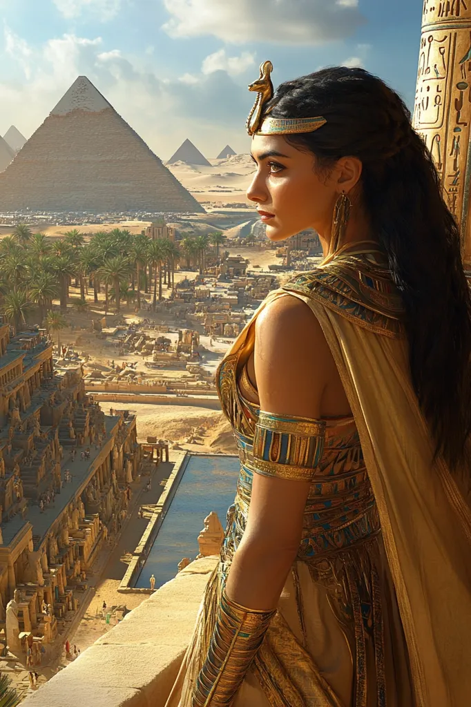 A regal woman, adorned in ornate gold Egyptian attire and jewelry, stands on a balcony overlooking a sprawling ancient city.  Pyramids rise in the distance under a bright sun.  The scene is rich with detail, showcasing the grandeur of the civilization and the woman's elevated status.  Palm trees dot the landscape, adding to the exotic atmosphere. The overall impression is one of power, beauty, and historical significance.