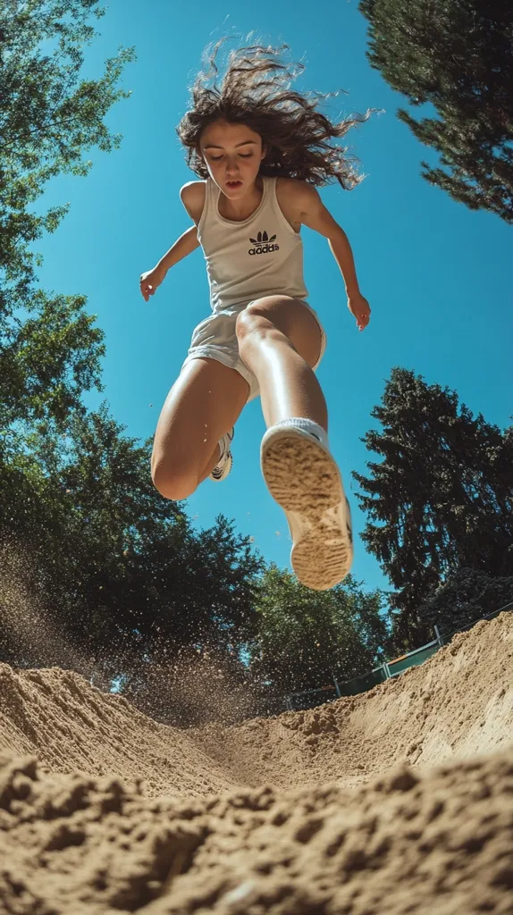 A young woman with long brown hair, wearing an Adidas tank top and shorts, leaps through the air towards a sand pit.  Her body is angled downwards, and her legs are extended.  The background is a bright blue sky dotted with lush green trees.  Sand is kicked up by her feet as she lands, creating a dynamic action shot.