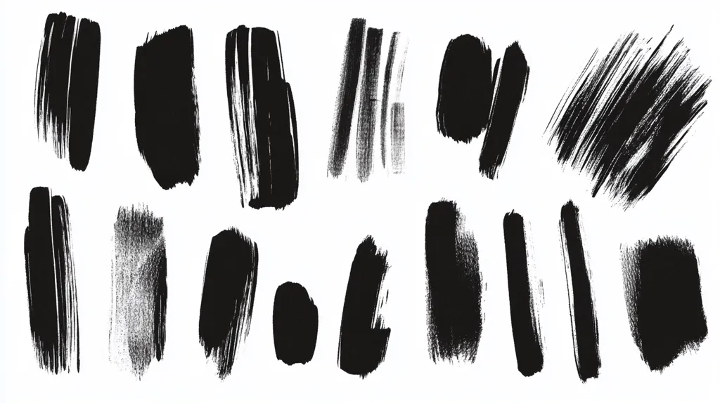 The image showcases a collection of twenty diverse black paint strokes on a white background.  The strokes vary significantly in shape, size, and texture, ranging from short, sharp dashes to longer, broader sweeps and textured blocks.  Some strokes are tightly controlled, while others appear more expressive and free-flowing. The overall impression is one of bold, graphic simplicity and artistic spontaneity.
