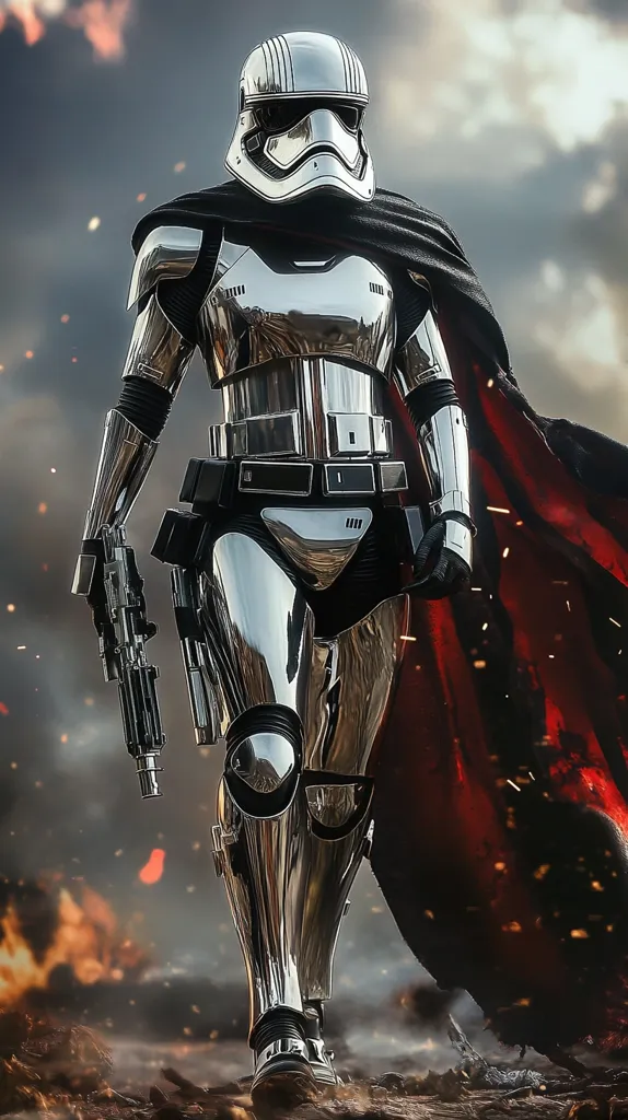 A chrome First Order stormtrooper, highly polished and reflecting light, strides forward against a fiery, explosive backdrop.  The trooper is clad in a dark cape, adding a dramatic contrast to the gleaming armor. A blaster is held at the hip.  The scene is dynamic, suggesting action and power, possibly a battlefield. The image is stylized and visually striking, focusing on the stormtrooper's imposing presence.