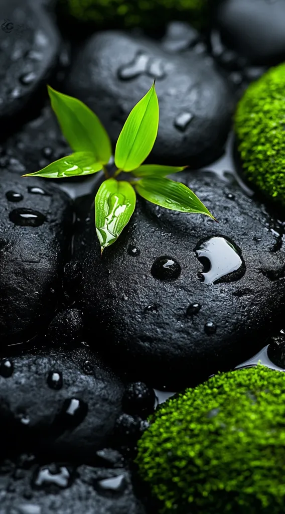 Here's a description of the image:

The image is a close-up shot of smooth, dark grey or black stones nestled together, glistening with water droplets.  A vibrant green sprout, possibly bamboo, emerges from the center, its leaves also adorned with water beads.  Lumps of bright green moss flank the stones, adding to the serene and natural ambiance. The overall effect conveys a sense of calmness, tranquility, and the beauty of simple, natural elements.  The dark and wet stones contrast beautifully with the bright, fresh green of the plant and moss.
