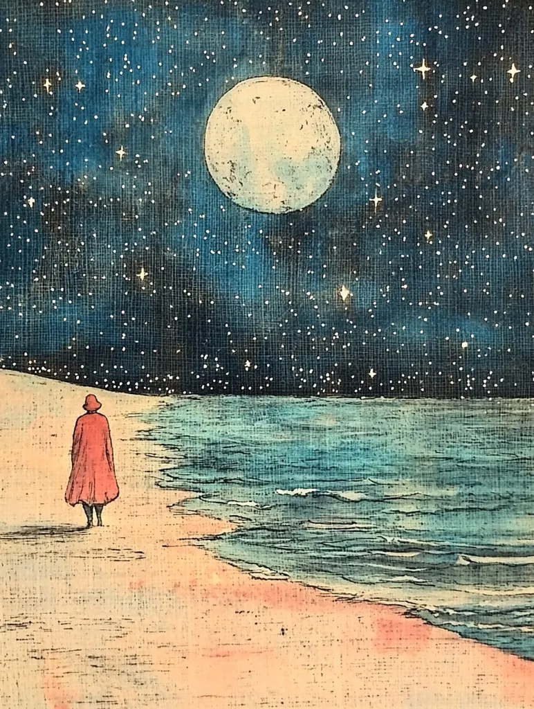 A solitary figure in a long red coat walks along a sandy beach under a vast night sky.  A large, pale moon dominates the upper portion of the image, surrounded by a scattering of stars. The ocean is a tranquil teal, its gentle waves lapping at the shore. The scene is peaceful and evocative, with a dreamlike quality emphasized by the textured style of the artwork. The overall feeling is one of quiet contemplation and solitude under a celestial expanse.