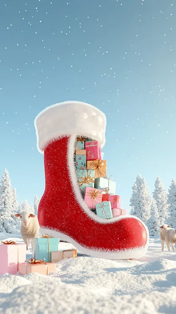 Here's a description of the image:

A large, red Santa boot, brimming with pastel-colored presents, sits in a snowy landscape.  The boot is heavily frosted, adding to the wintery scene.  Two fluffy white lambs graze peacefully nearby, adding a touch of whimsy. The background features a serene, snow-covered forest under a clear, light blue sky dusted with snowflakes. The overall atmosphere is cheerful and festive, evoking a magical Christmas setting.  Additional presents are scattered on the snow in front of the boot.