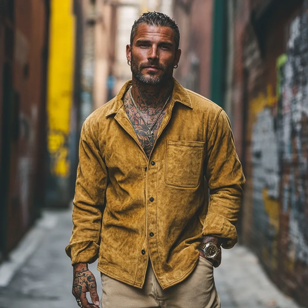 A stylish man with a short, neatly groomed beard and several tattoos stands in a dimly lit alleyway. He wears a mustard-colored suede shirt, buttoned up, and light beige pants.  A wristwatch is visible on his left wrist. His expression is serious and he appears confident. The background features a blurred-out alley with graffiti-covered walls.  The overall image projects a rugged, urban aesthetic.
