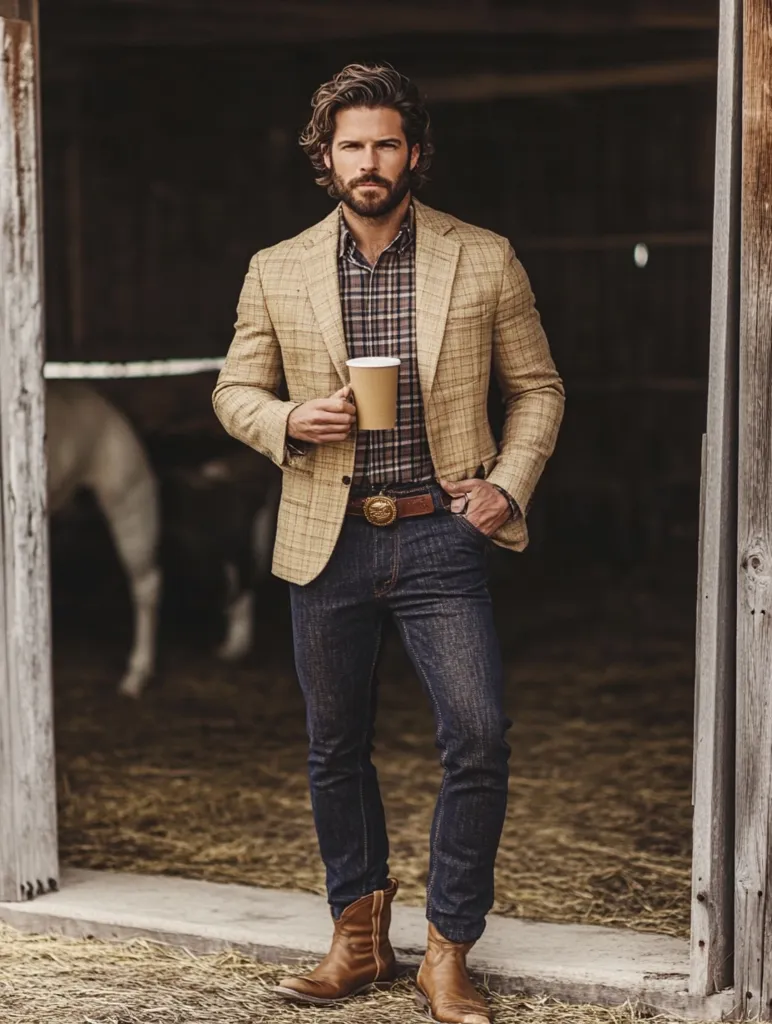 A stylish man with shoulder-length brown hair and a beard stands in a rustic barn doorway. He's wearing a tan plaid blazer over a plaid shirt, dark-wash jeans, and brown cowboy boots. He holds a disposable coffee cup.  The background features hay on the ground and a glimpse of a light-colored animal in the barn. The overall mood is relaxed yet sophisticated, blending rugged and refined styles.