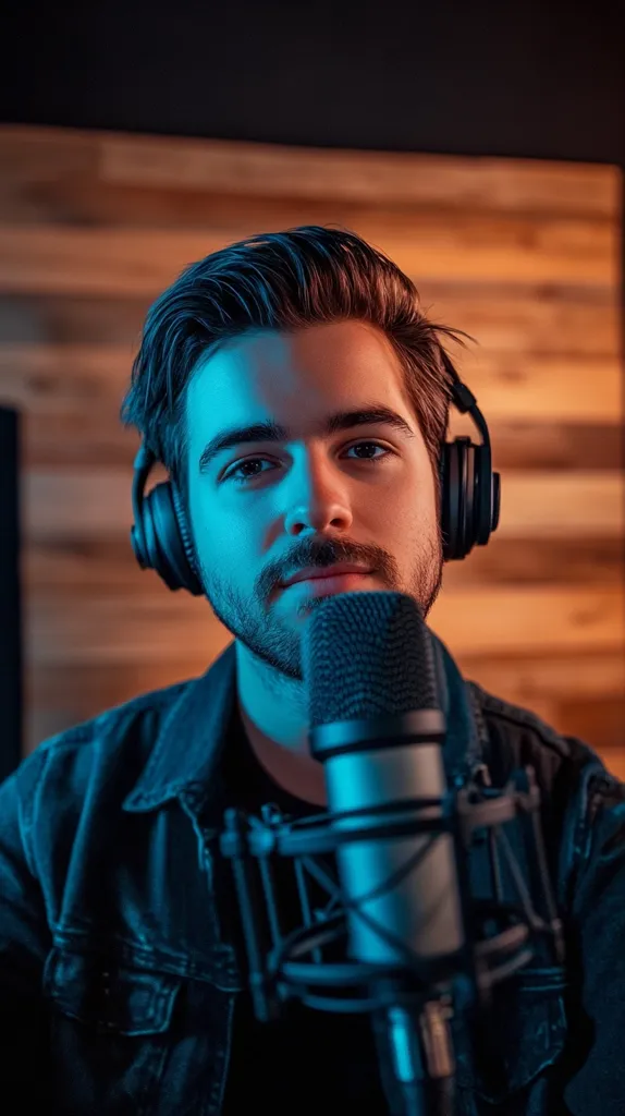 Close-up of a young man with dark hair and a beard, wearing headphones and a denim jacket. He's positioned in front of a microphone, which is centrally focused in the image. The background is a warm-toned wooden wall, illuminated with cool blue lighting that accentuates his features and the equipment. He looks directly at the camera with a serious expression. The overall mood is professional, possibly indicating a recording studio setting or podcast environment.