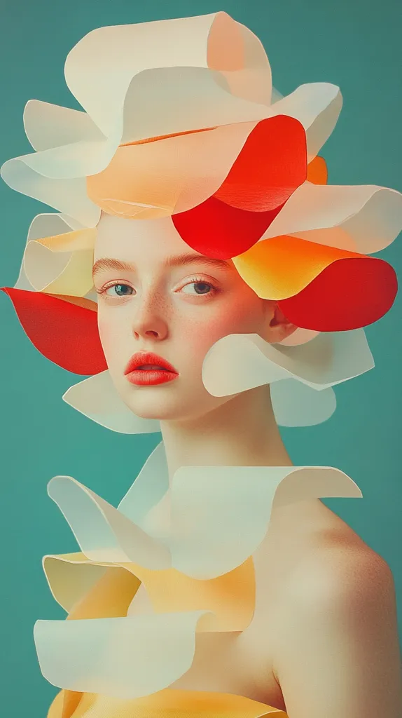 A young woman's portrait is presented against a teal backdrop.  She's adorned with a striking headdress and collar crafted from layered, sculpted paper in shades of white, peach, orange, and red. The paper forms organic, petal-like shapes, creating a visually arresting contrast to her fair skin and delicate features. Her expression is serene, her gaze directed slightly away from the viewer. The overall effect is one of modern art, blending portraiture with abstract sculpture.